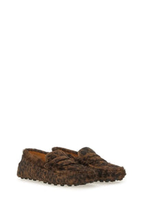 Tod’s women’s moccasin gommino macro black brown leopard-print suede loafers with fuzzy finish and rubber soles