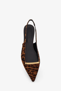 Tod’s women’s ponyskin ballerinas beige brown leopard print suede slingback pump with gold tone metal bar at toe