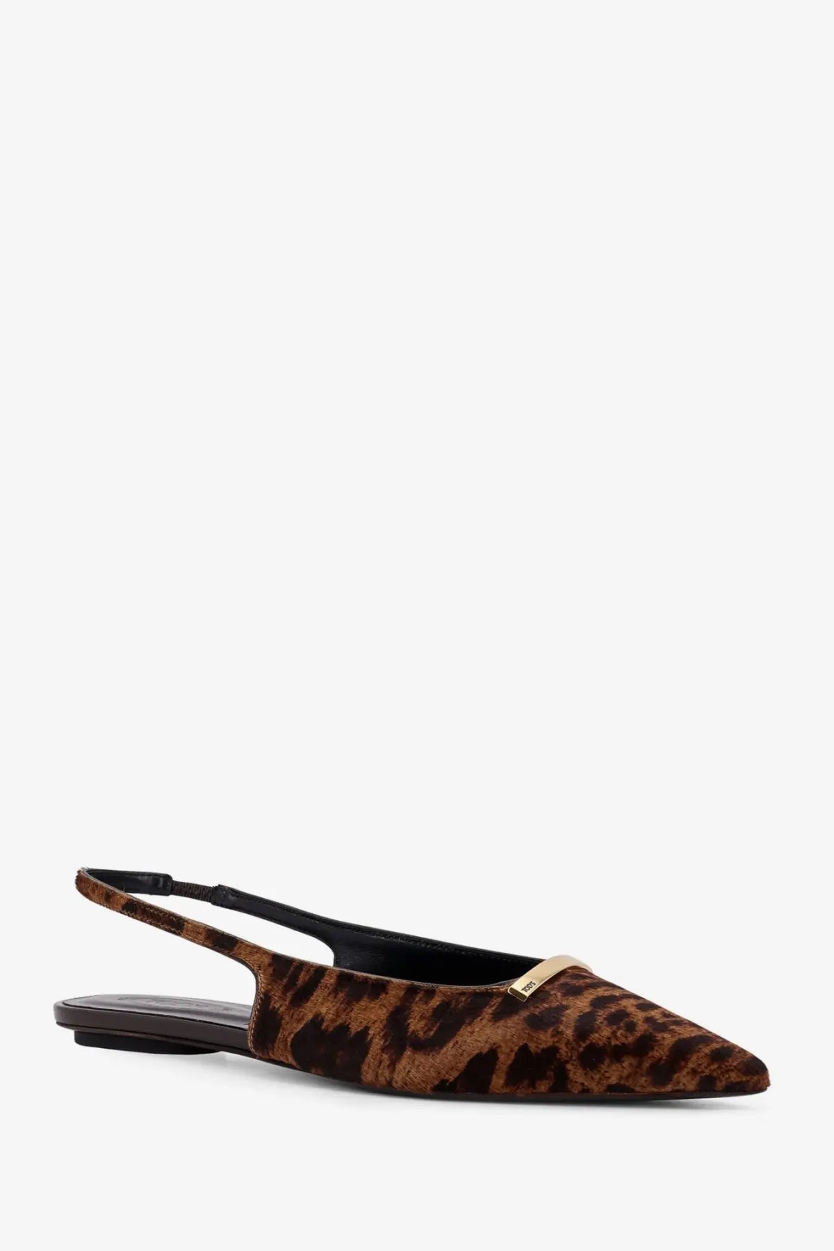 Tod’s women’s ponyskin ballerinas beige brown leopard-print suede slingback flats with gold-tone metal toe accent