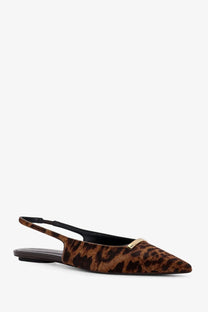 Tod’s women’s ponyskin ballerinas beige brown leopard-print suede slingback flats with gold-tone metal toe accent