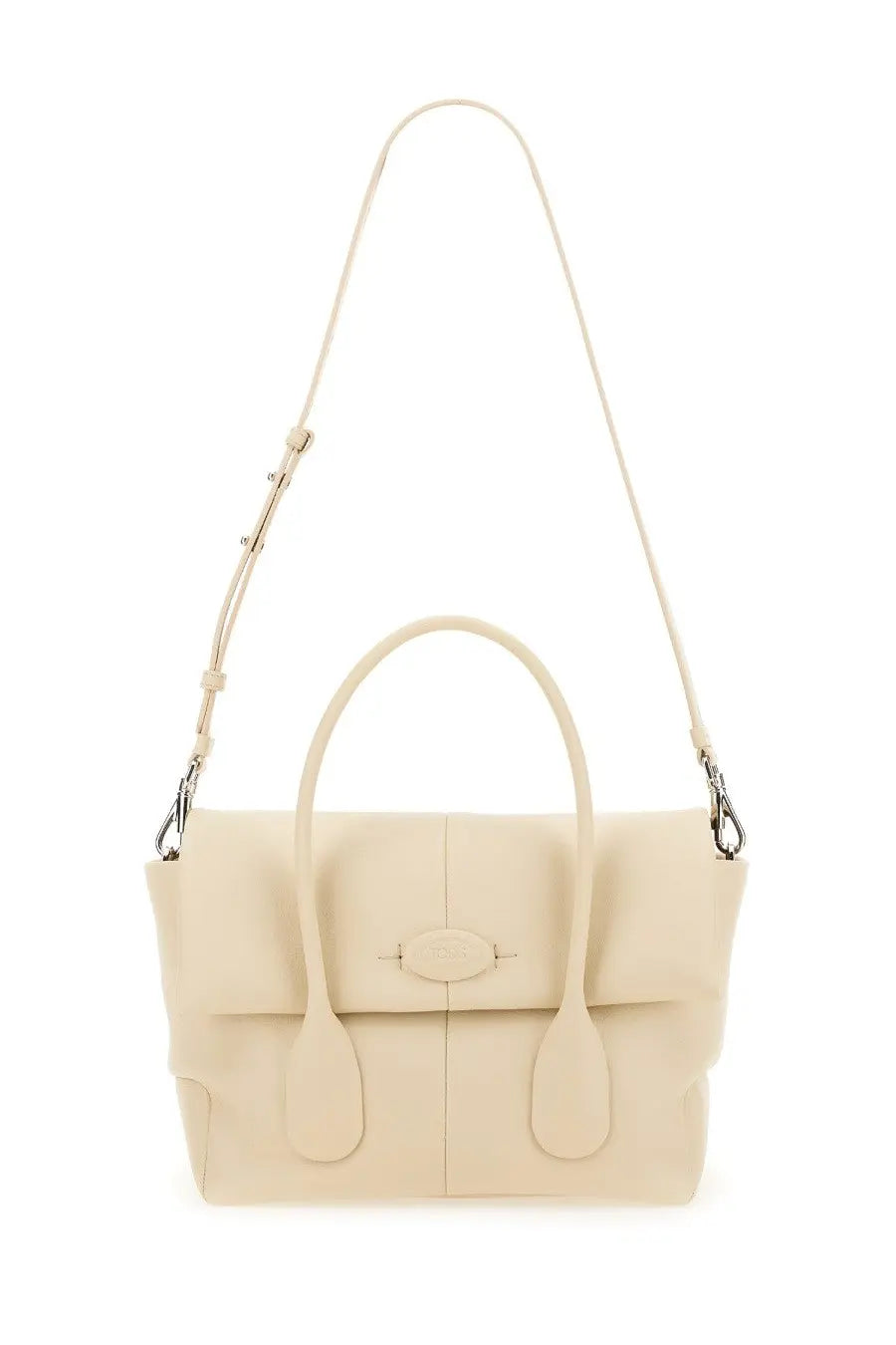 Cream-colored leather tote bag with minimalist design, top handles, and adjustable shoulder strap by Tod’s Women’s Reverse Small DI Bag