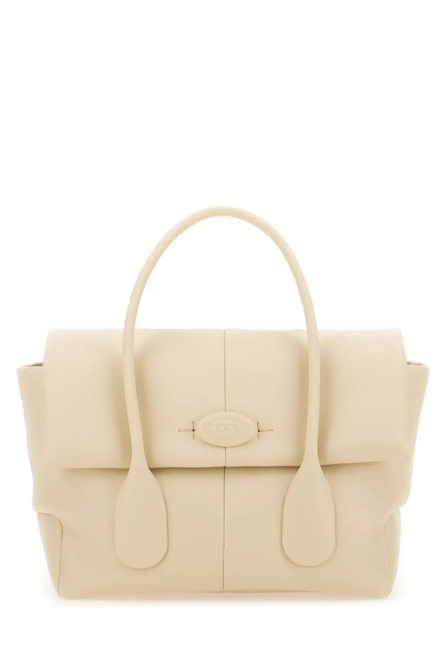 Cream-colored leather tote bag with structured design and rounded top handles from Tods women’s reverse small DI bag white collection