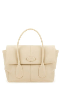 Cream-colored leather tote bag with structured design and rounded top handles from Tods women’s reverse small DI bag white collection
