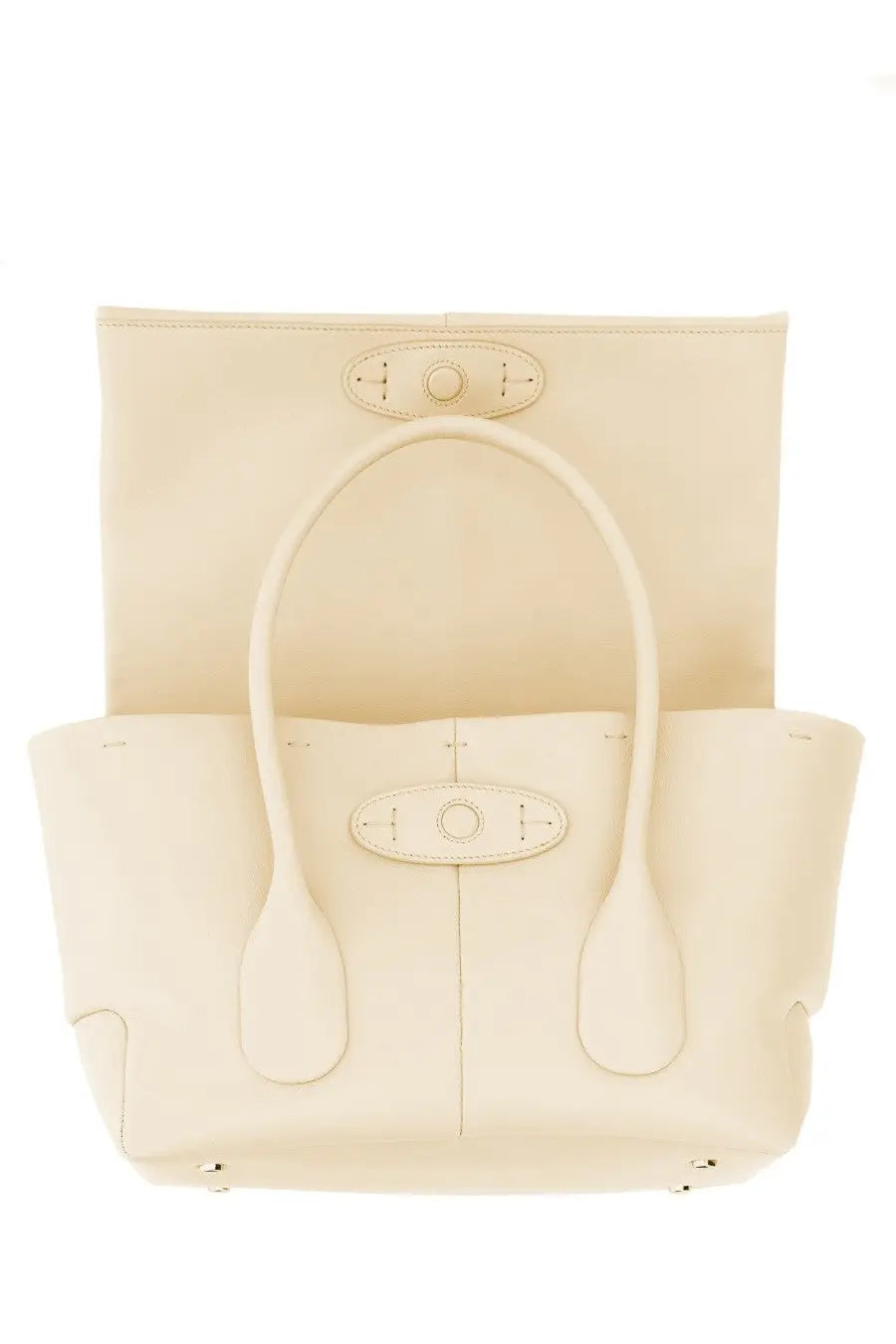 Cream-colored leather tote bag with rounded handles and oval metal hardware by Tod’s reverse small di bag white