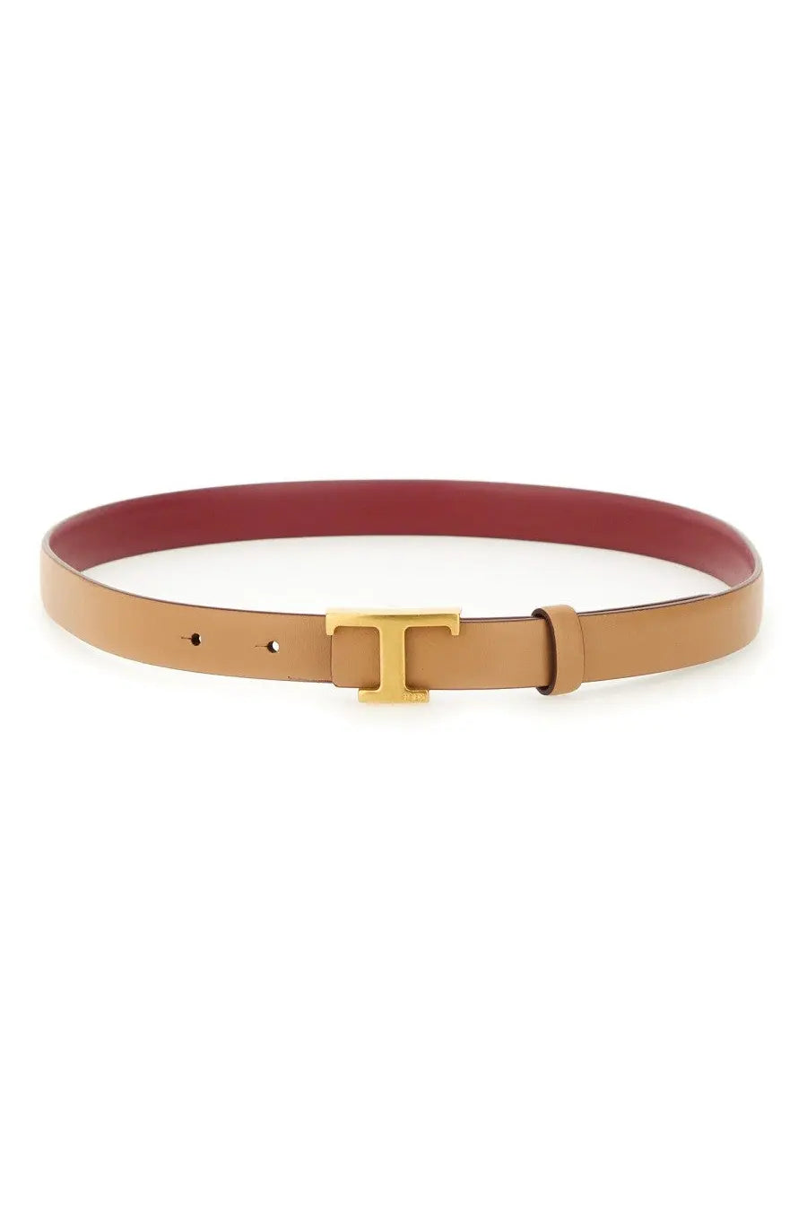 Tod’s women’s reversible timeless belt in beige tan leather with gold-tone t buckle and red inner lining