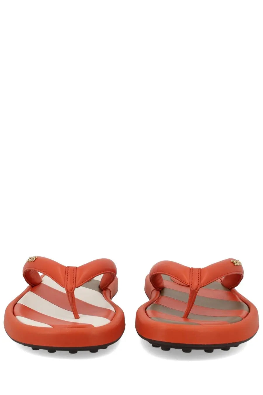 Tod’s women’s orange flip-flops with striped insole pattern and small gold-tone logo accents