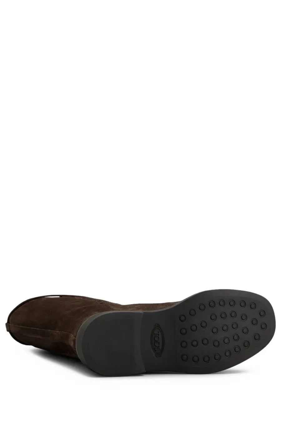 Back view of todds womens stivale alta brown suede boot with black rubber sole and embossed logo on heel