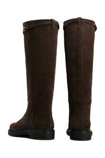 Tod’s women’s stivale alta brown brown suede knee-high boots with black rubber soles and gold-tone buckle details