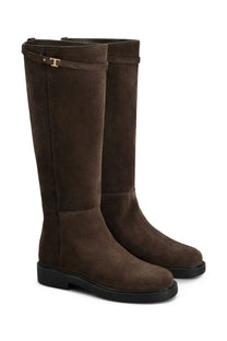 Tod’s women’s stivale alta brown knee-high brown suede boots with gold-tone T logo accent on the side