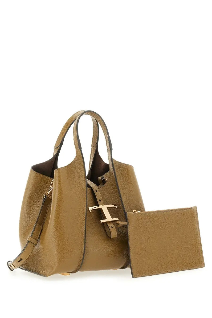 Tod’s women’s timeless mini shopping bag beige tan leather tote with gold-tone hardware and matching small clutch