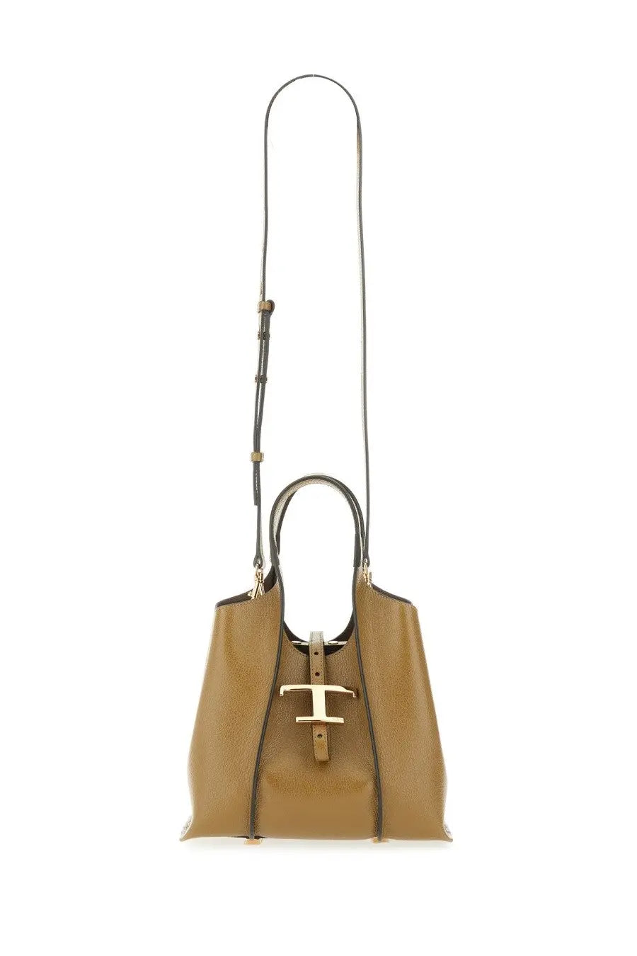 Tod’s women’s timeless mini shopping bag beige tan leather with gold tone t clasp and black shoulder strap