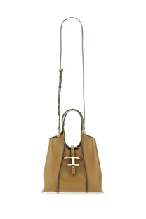 Tod’s women’s timeless mini shopping bag beige tan leather with gold tone t clasp and black shoulder strap