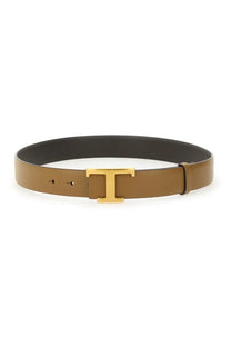 Tod’s women’s timeless reversible belt in brown tan leather with a gold-tone t-shaped buckle