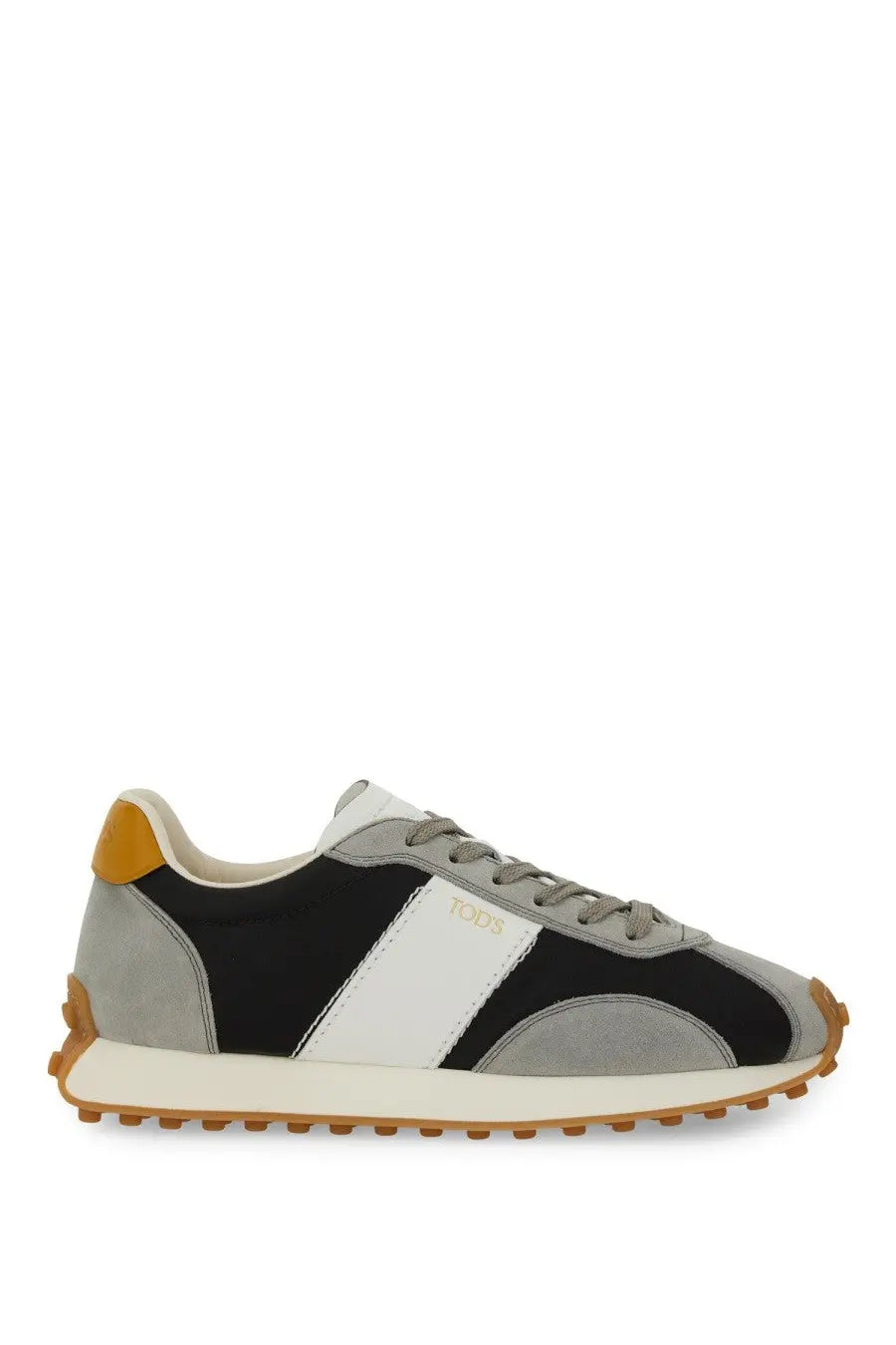 Tod’s women’s vintage sneaker grey suede with white stripe tan rubber sole and heel tab shown from the back side