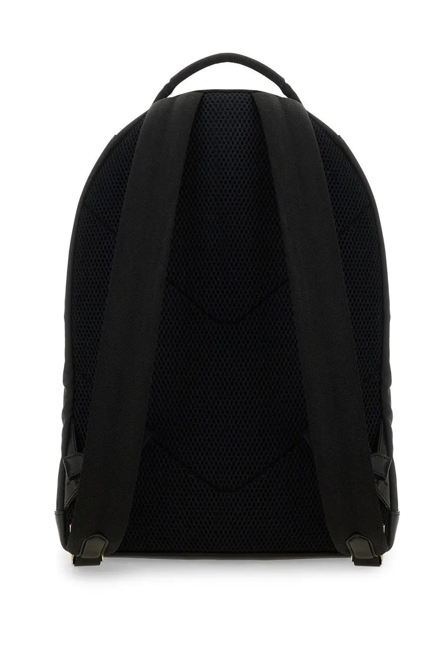 Tom Ford men’s backpack black mesh with padded shoulder straps and top handle shown from the back side