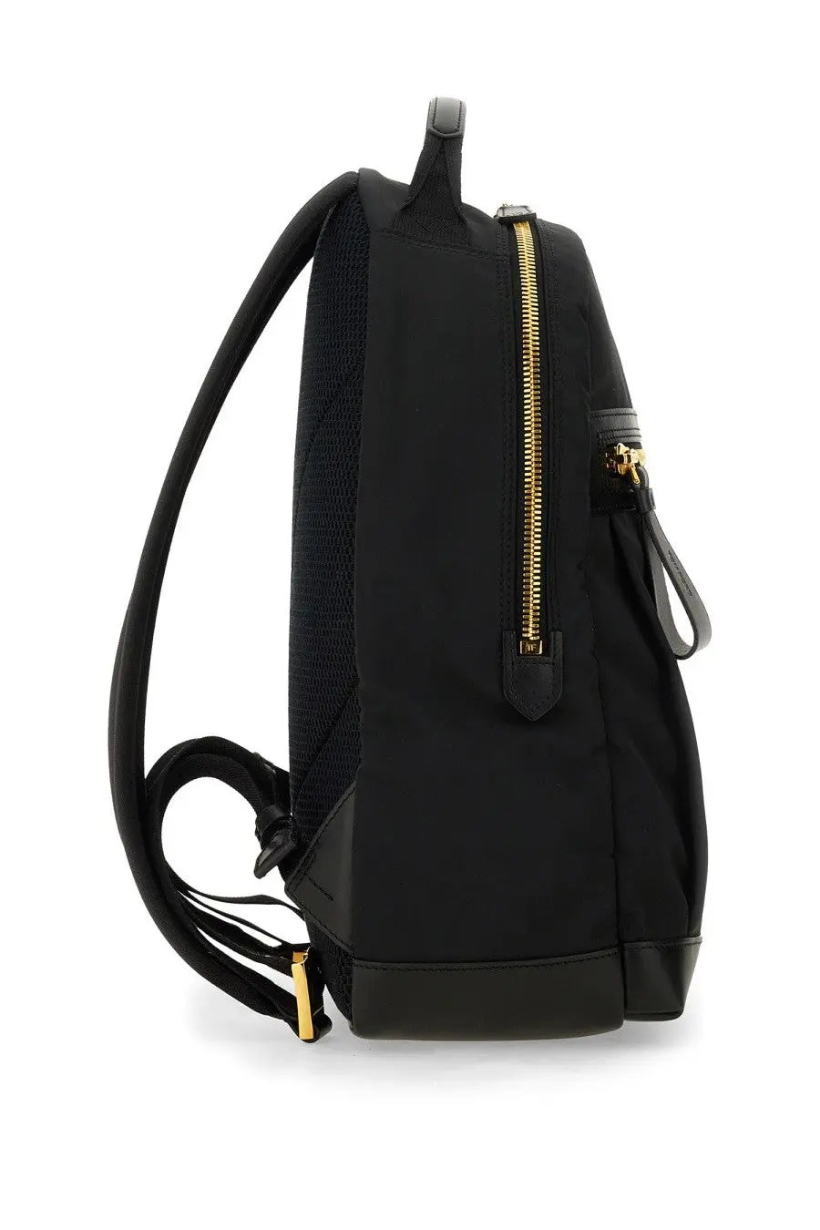 Tom Ford men’s black nylon backpack with gold-tone zippers and leather accents for stylish carrying