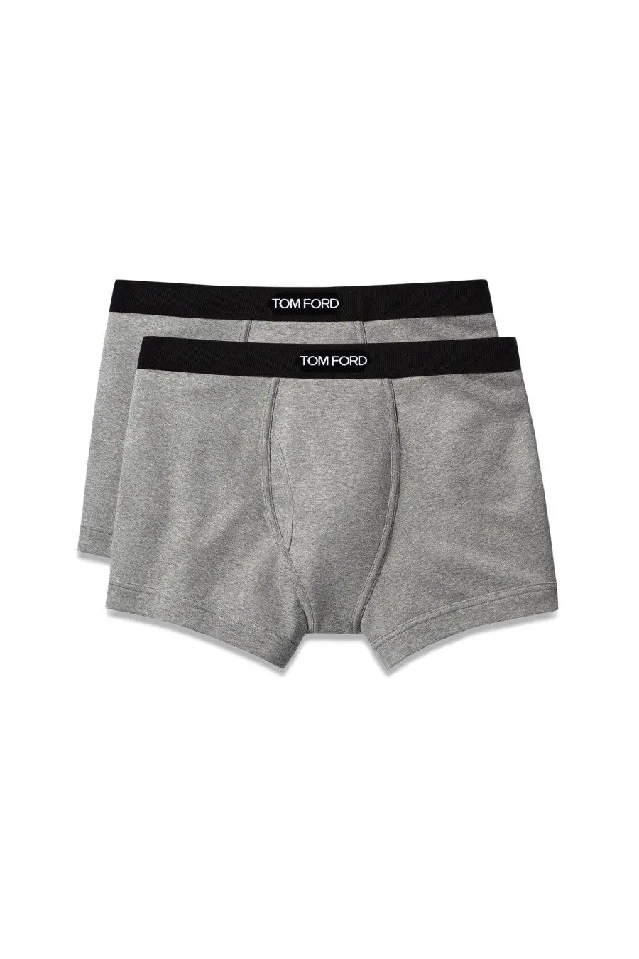 Tom Ford men’s bi pack boxer briefs in gray heathered fabric with black waistbands featuring the brand logo