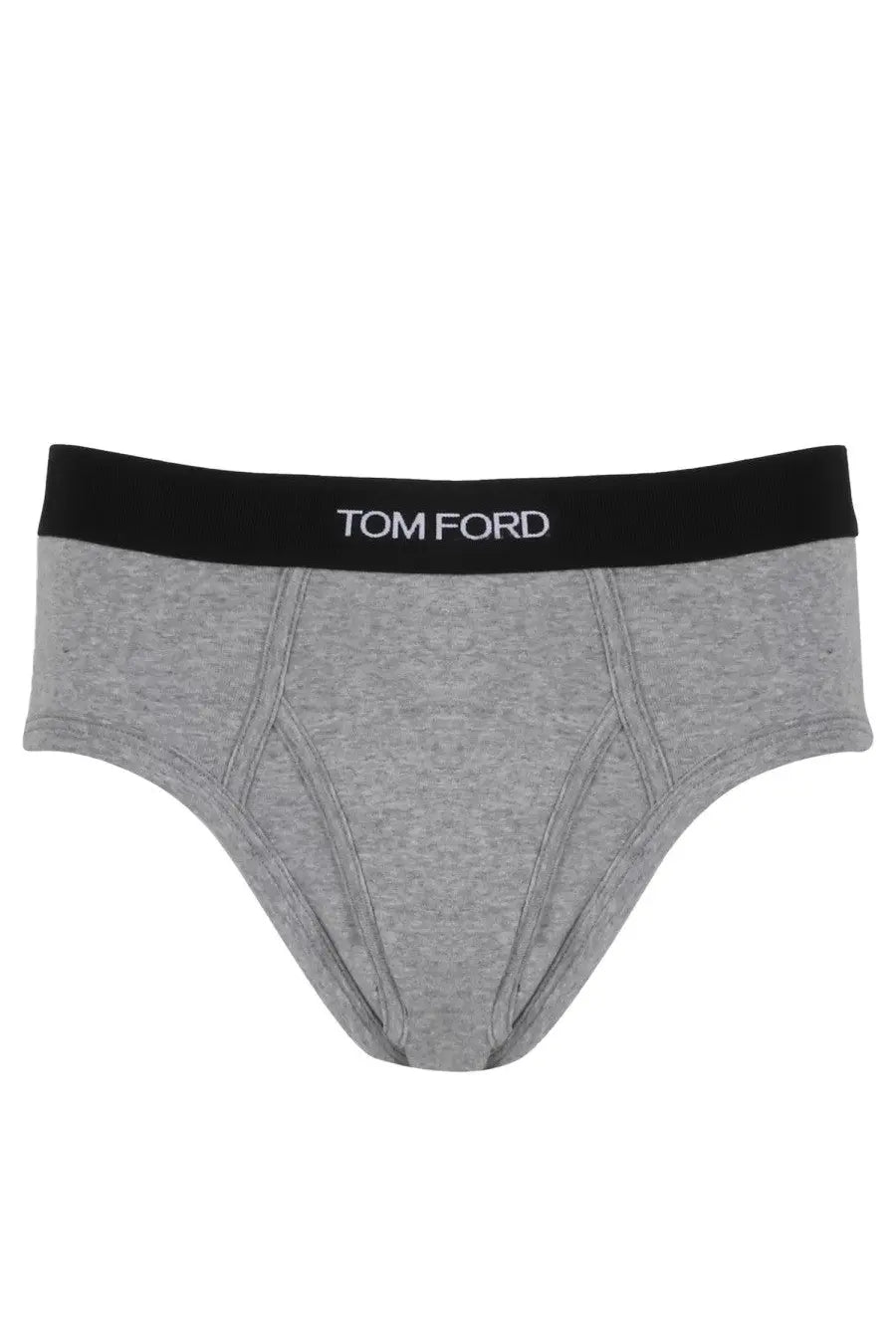 Tom Ford men’s grey briefs made of heathered cotton with a black waistband featuring the Tom Ford logo in white
