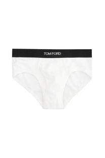 Tom Ford men’s white briefs with black waistband featuring the logo in white lettering for stylish comfort