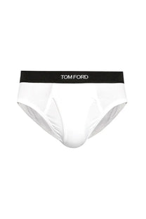 Tom Ford men’s briefs white featuring white fabric with a black waistband and Tom Ford logo in white lettering