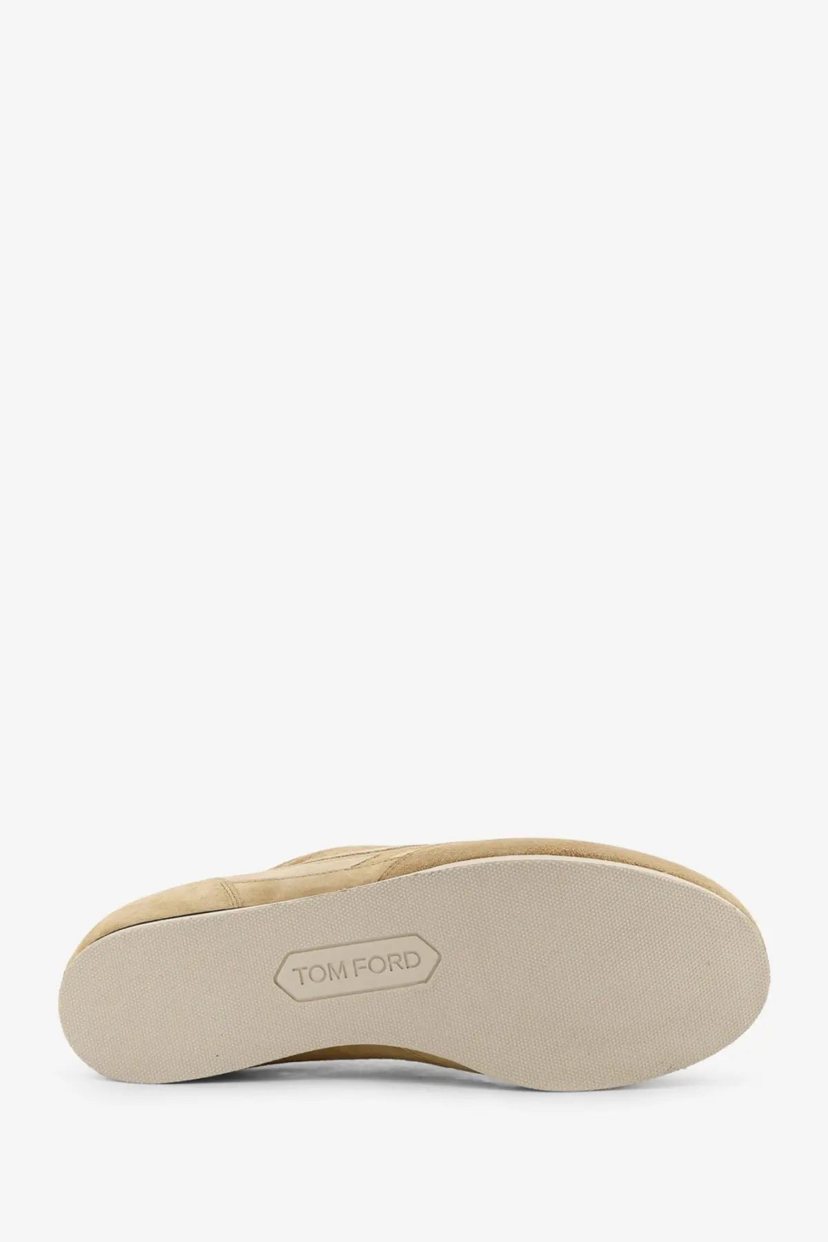 Beige suede tom ford men’s brook sneaker showing minimalist design and embossed brand logo on the sole