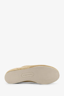 Beige suede tom ford men’s brook sneaker showing minimalist design and embossed brand logo on the sole