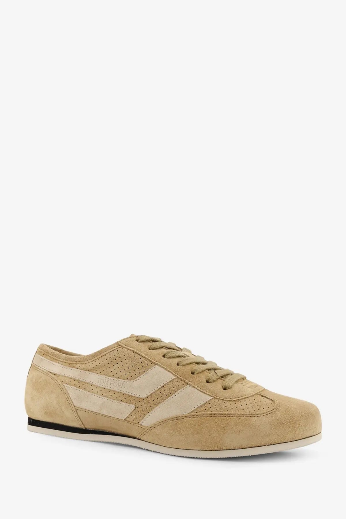 Tom Ford men’s Brook suede sneakers in beige with cream perforated stripes and black rubber sole