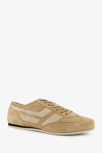 Tom Ford men’s Brook suede sneakers in beige with cream perforated stripes and black rubber sole