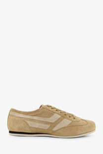 Tom Ford men’s Brook beige suede sneakers with perforated panels and black rubber sole front view