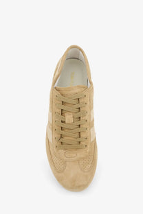 Tom Ford men’s Brook suede sneakers in tan with beige laces and perforated detailing