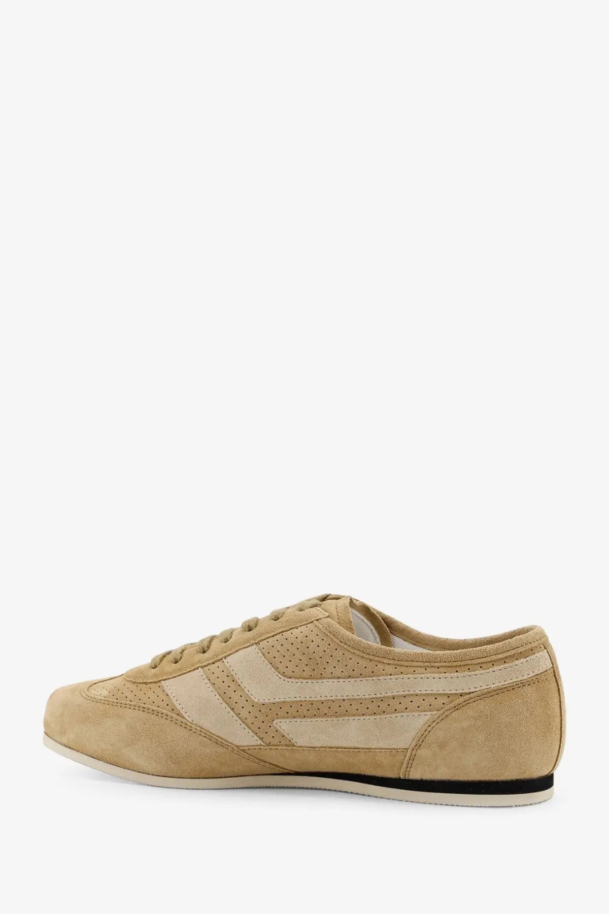 Tom Ford men’s Brook suede sneakers in beige with tan suede, beige perforated panels, and a black stripe on the sole