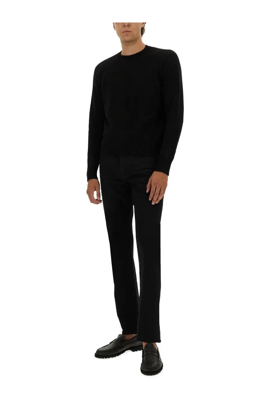 Tom Ford men’s black cashmere crewneck sweater with long sleeves and a smooth fitted silhouette
