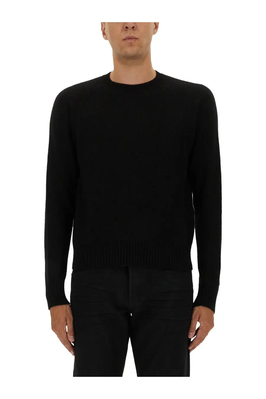Tom Ford men’s black cashmere crewneck sweater with smooth fine-knit texture and ribbed cuffs