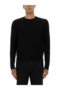 Tom Ford men’s black cashmere crewneck sweater with smooth fine-knit texture and ribbed cuffs