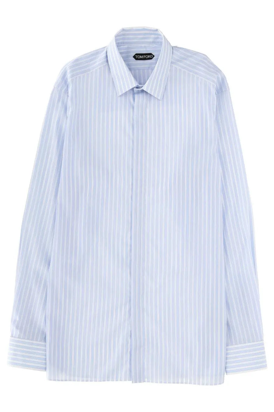 Tom Ford men’s cotton shirt with light blue and white vertical stripes and long sleeves