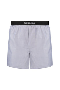 Tom Ford men’s cotton boxer shorts in light gray with a black elastic waistband featuring the logo in white