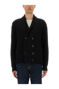 Tom ford men’s black ribbed knit double breasted cardigan with dark buttons for stylish layering