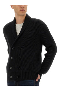 Tom Ford men’s black ribbed knit cardigan with shawl collar and double-breasted button closure