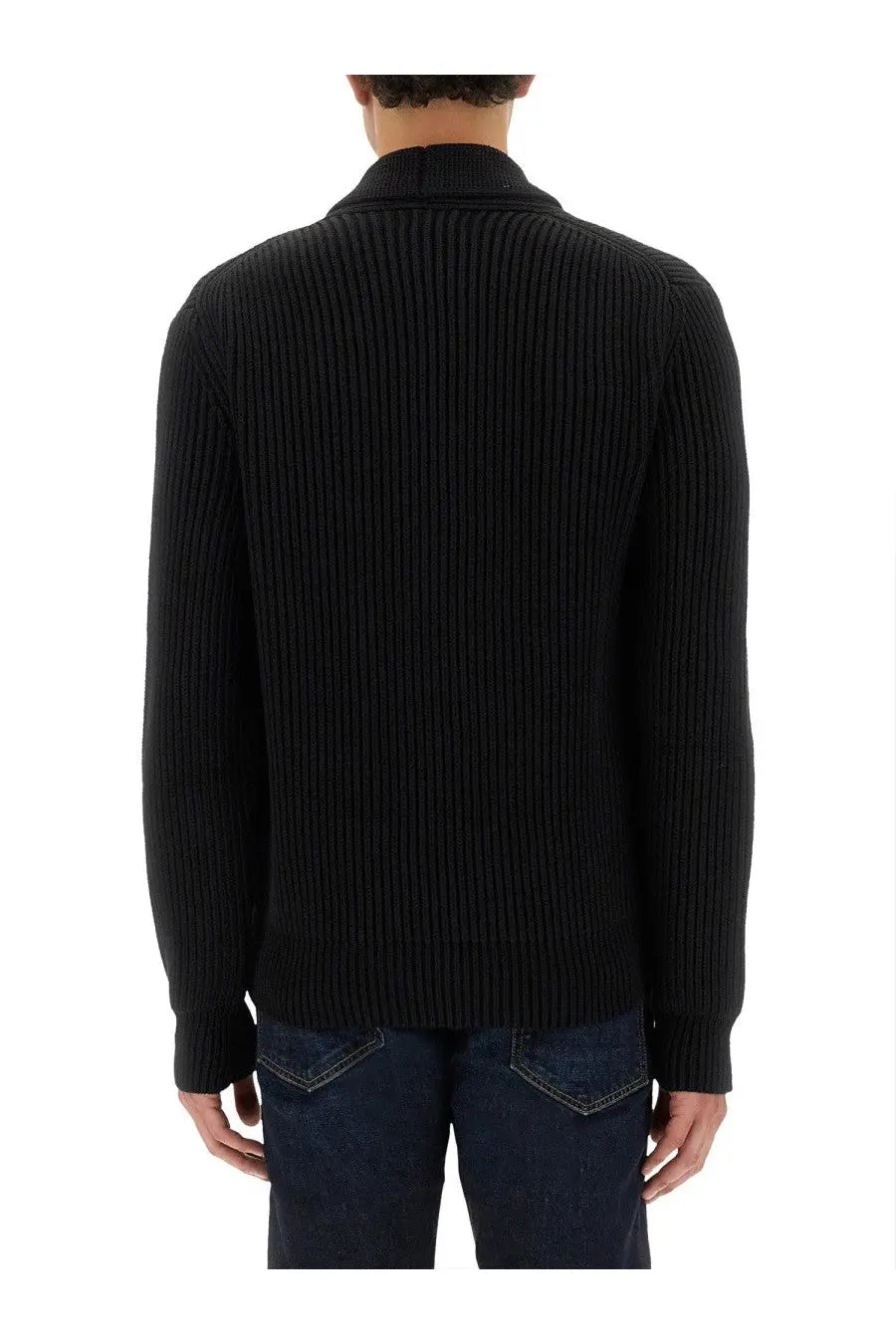 Tom Ford men’s black ribbed knit double breasted cardigan with stand-up collar in premium wool blend