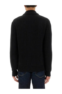 Tom Ford men’s black ribbed knit double breasted cardigan with stand-up collar in premium wool blend