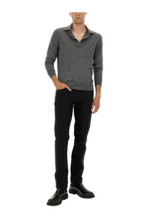 Tom Ford men’s fine merino virgin wool grey polo shirt with long sleeves textured weave and buttoned collar