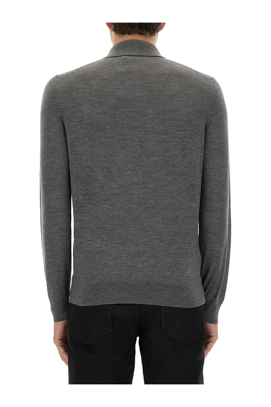 Tom Ford men’s fine merino virgin wool polo shirt in grey heather knit with classic collar and ribbed cuffs