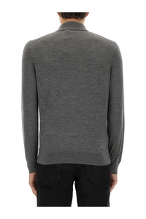Tom Ford men’s fine merino virgin wool polo shirt in grey heather knit with classic collar and ribbed cuffs