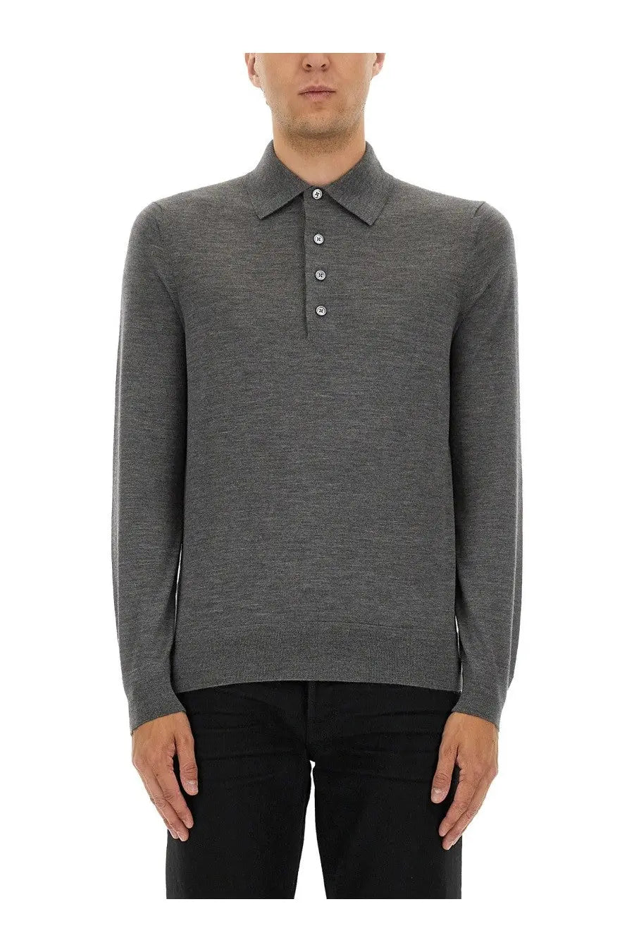 Tom Ford men’s fine merino virgin wool polo shirt in sleek heather gray with classic collar and silver buttons