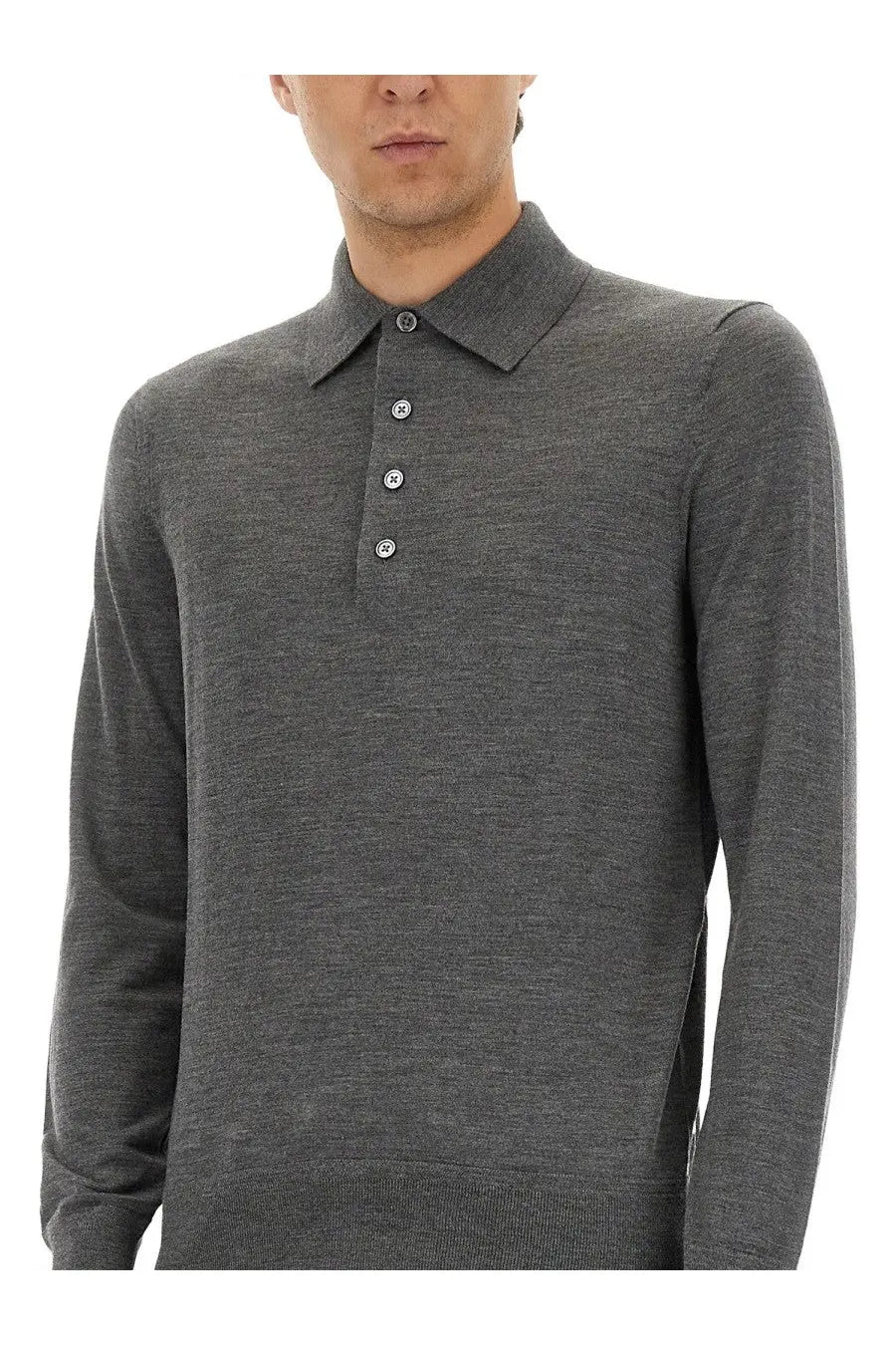 Tom Ford men’s grey long-sleeved polo shirt made of fine merino virgin wool with classic collar and silver buttons