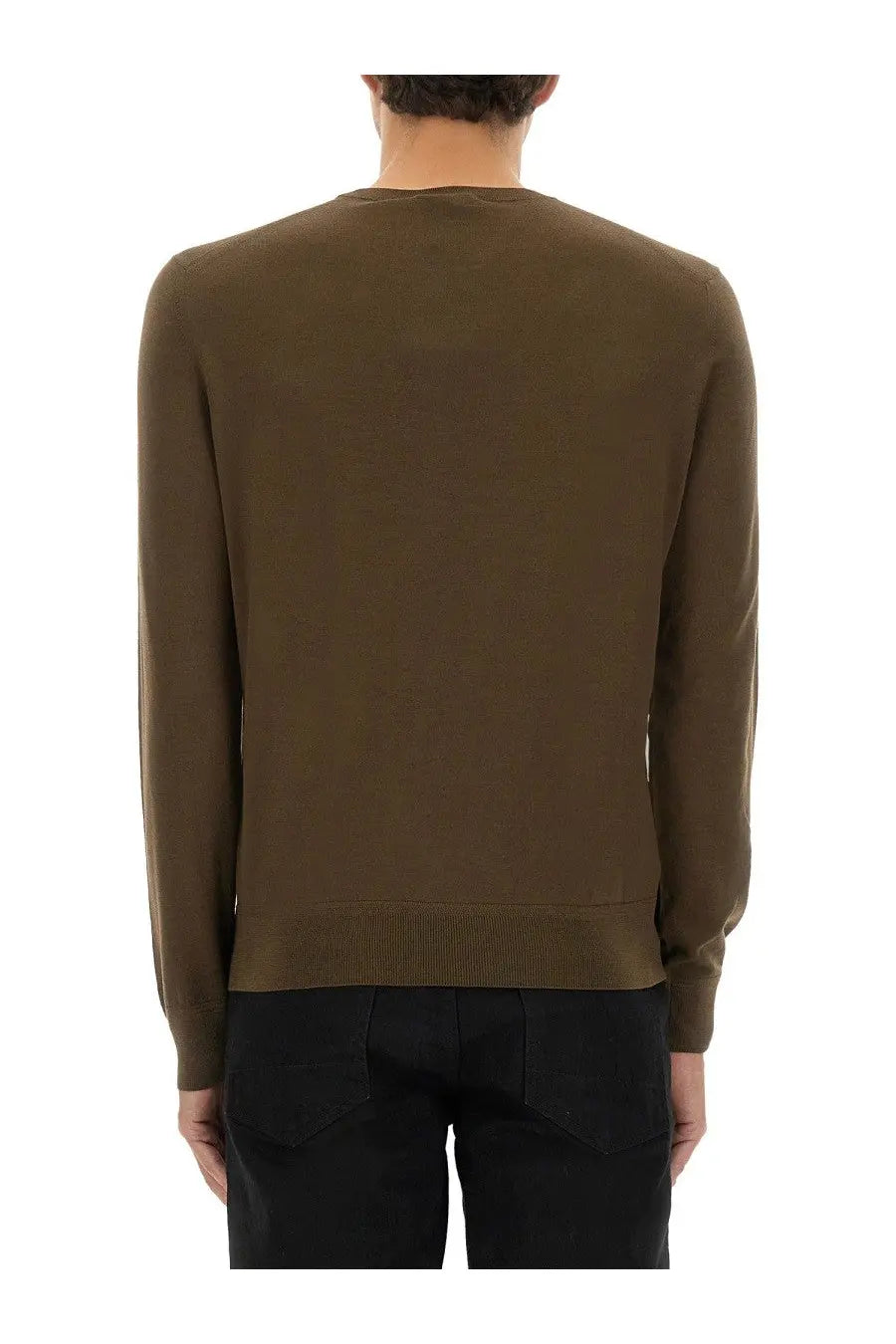 Olive green crewneck sweater with ribbed cuffs and hem made of fine merino virgin wool by tom ford men