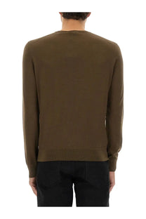 Olive green crewneck sweater with ribbed cuffs and hem made of fine merino virgin wool by tom ford men