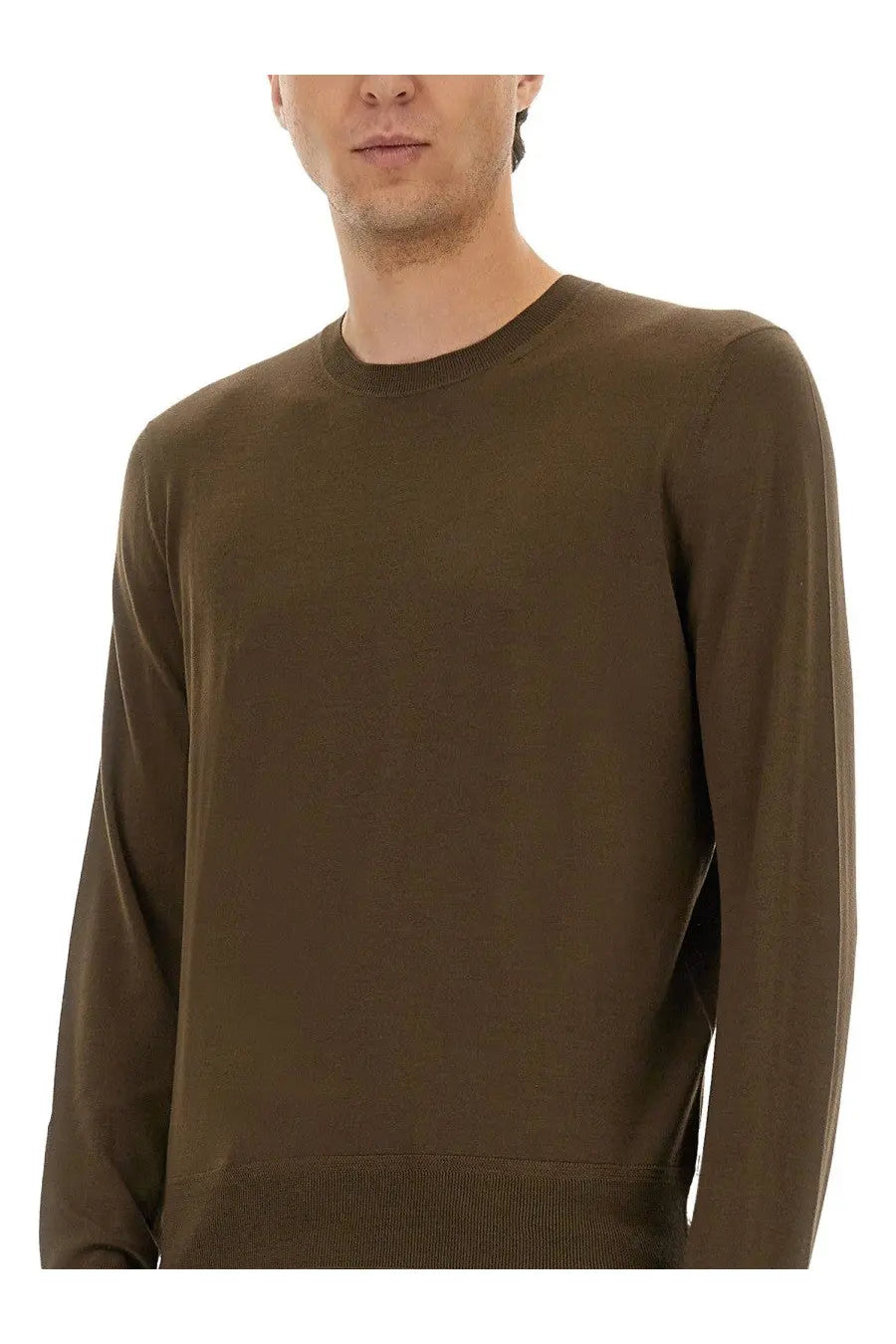 Olive green long-sleeved crew neck sweater in fine merino virgin wool by tom ford for men