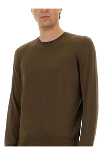 Olive green long-sleeved crew neck sweater in fine merino virgin wool by tom ford for men