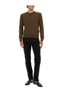 Olive green long-sleeved knit sweater made of fine merino virgin wool by tom ford for men in brown tone